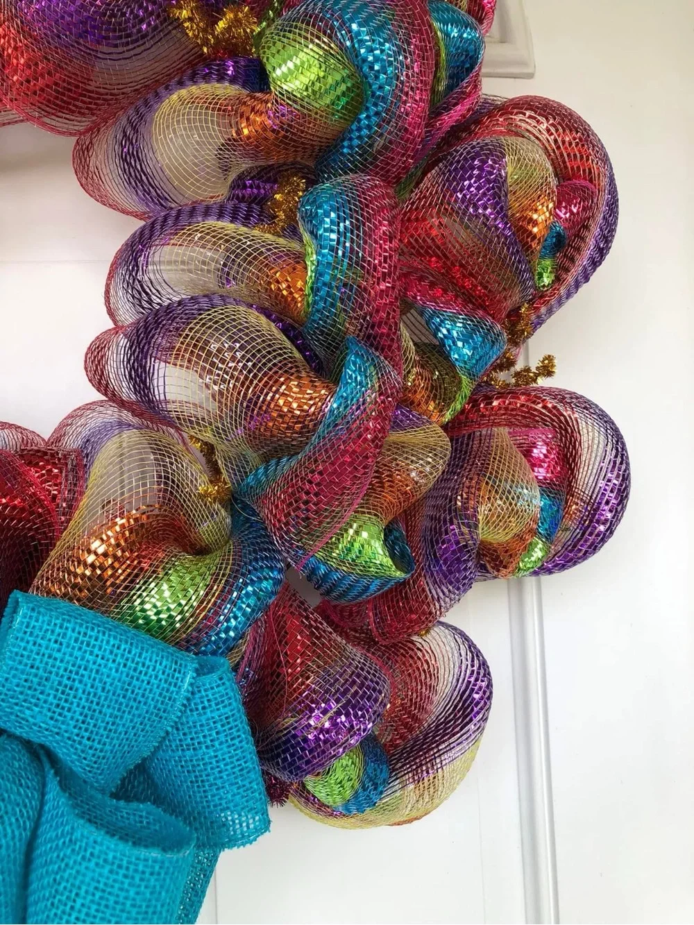 Handmade Rainbow Mesh Wreath with Teal Bow